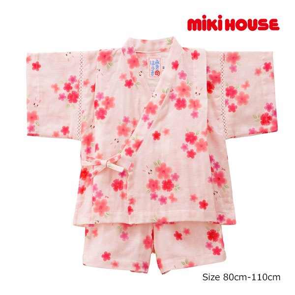 20日までP11倍★取り寄せ商品●ミキハウス　mikihouse　お花　うさこ　甚平スーツ　 ( 80　90　100　110　)　甚平　浴衣　子ども服　幼児　キッズ　女の子　お祭り　セットアップ　ピンク
