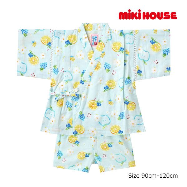 20日までP11倍★取り寄せ商品●30%OFFセール●ミキハウス　mikihouse　甚平スーツ　フルーツ柄　 ( 90　100　110　120　)　甚平　浴衣　子ども服　幼児　キッズ　男の子　女の子　お祭り　セットアップ