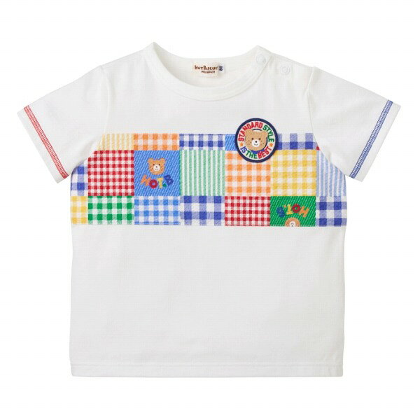 30％OFFセール●ミキハウス　ホットビスケッツ　mikihouse　チェック　パッチワーク柄　半袖　Tシャツ(80・90・100・110・120）子ども服　幼児　保育園　幼稚園　キッズ　男の子　女の子　カジュアル　アウトレット