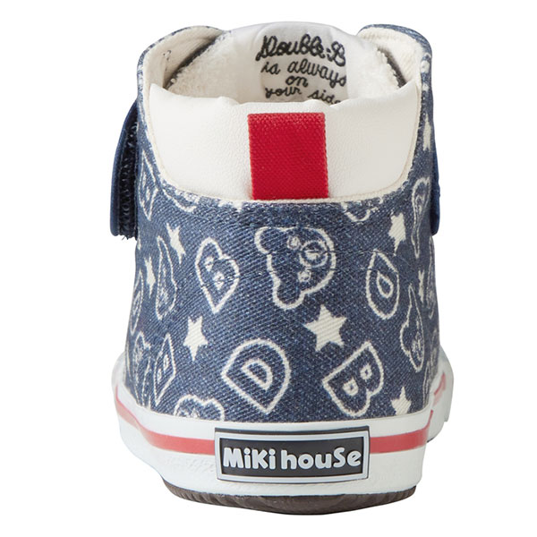 ●50％OFFセール●ミキハウス　ダブルビー　mikihouse　デニム　総柄　セカンド　シューズ(13cm・13.5cm・14cm・14.5cm・15cm・15.5cm）アウトレット 半額 セール スニーカー 子ども用 男の子 女の子 運動靴 2