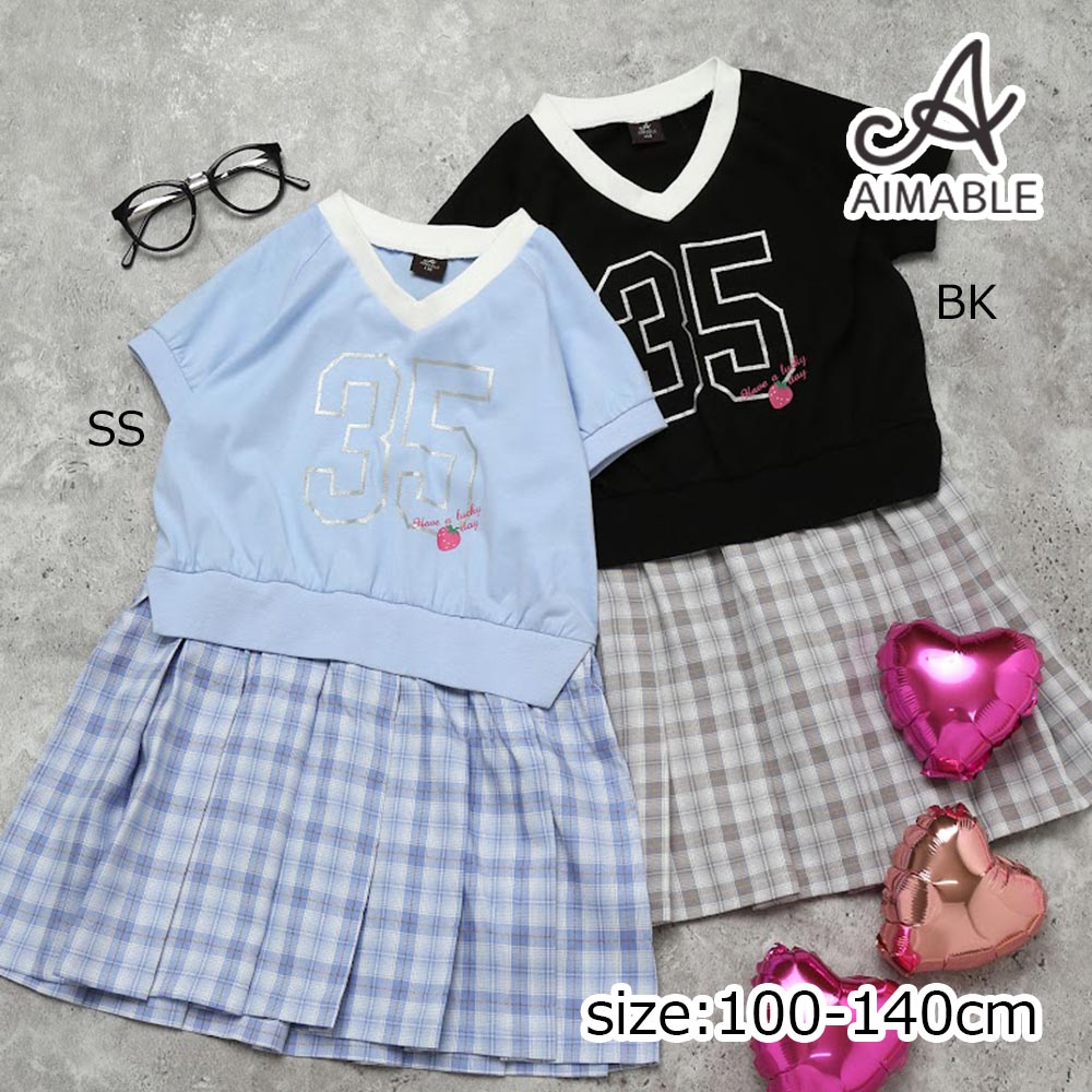 乐天商城 - 2000円クーポン配布中／●30％OFFセール● エマーブル AIMABLE 【カレッジ風】ナンバリングロゴチェックプリーツワンピース ( 100 110 120 130 140 ) 子ども服 女の子 キッズ アウトレット