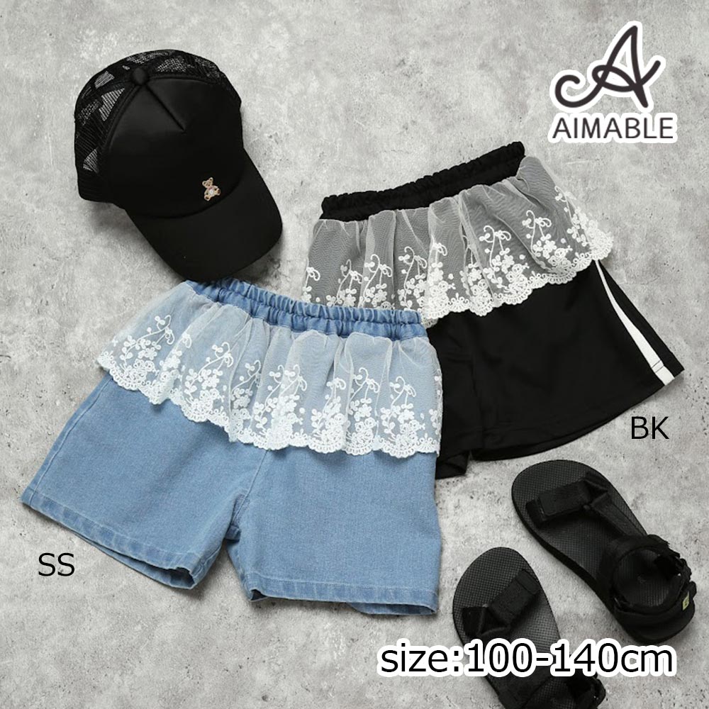 乐天商城 - ●期間限定P11倍● エマーブル AIMABLE【甘辛MIX・レイヤード風】サイドライン / デニムショートパンツ ( 100 110 120 130 140 ) 子ども服 女の子 キッズ
