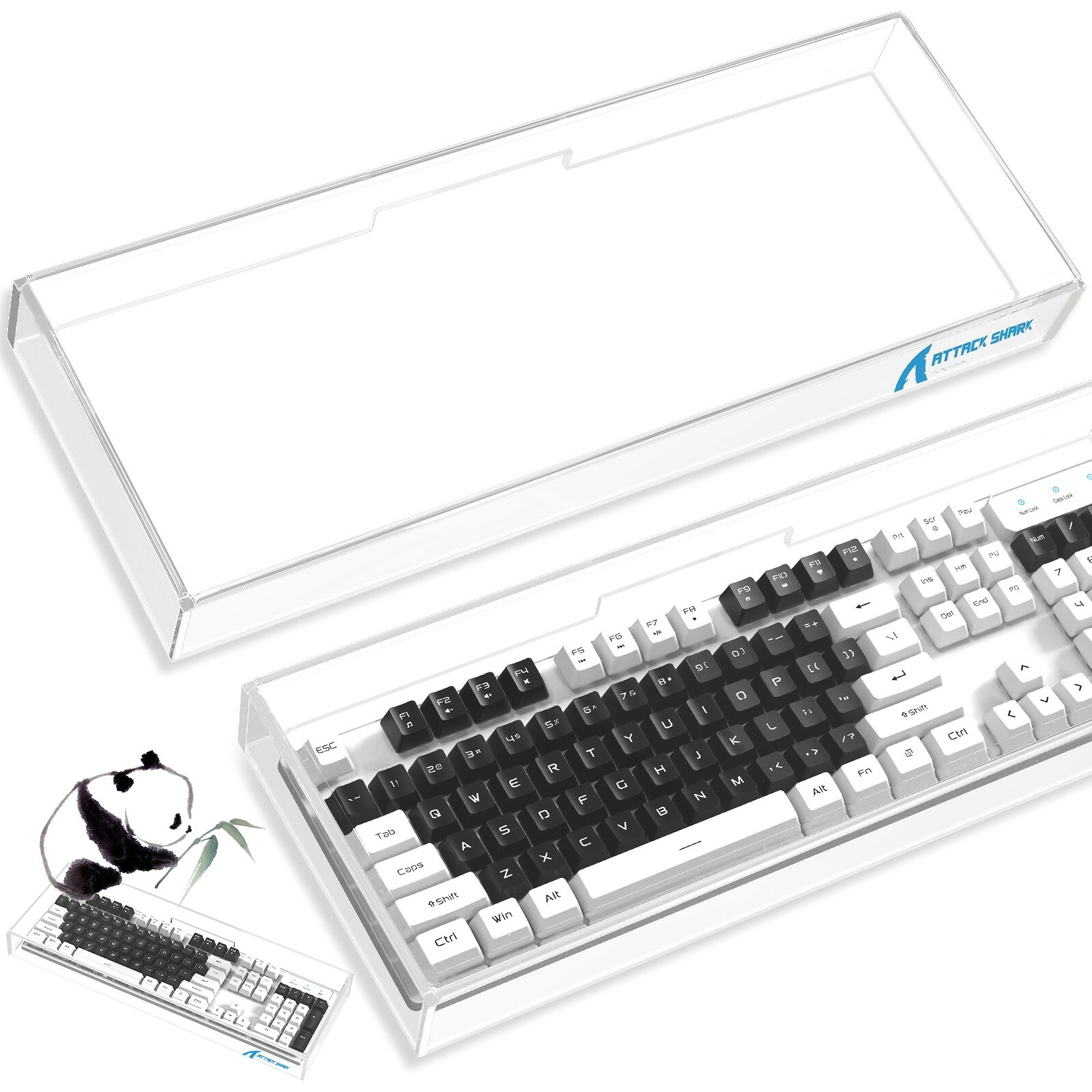 ■ 透明アクリルでキーボードを保護する、シンプルな防塵カバー ATTACK SHARK キーボードカバーは、キーボードをホコリ、ゴミ、髪の毛、虫などから保護する透明アクリル製の防塵カバーです。 高い透明度を備えているため、キーボード本体のデザインやRGBライティングを隠しにくく、使用していない時間も自然にディスプレイできます。 内寸は約43.6×15.8×4cmで、サイズ範囲内のフルサイズキーボードやゲーミングキーボード、有線・無線キーボードに対応します。 高温加圧曲げ加工による滑らかなエッジを採用し、接着剤を使用した継ぎ目の目立ちにくい、すっきりとした外観に仕上げています。 日常の防塵対策だけでなく、猫の毛や不意な接触、誤操作を防ぎたい場合にも活用可能。 使用後は柔らかい布で拭くだけでお手入れでき、キーボードを清潔に保管できます。 ■ 高透明アクリル素材で、キーボードの外観や光を隠しにくい設計 素材には、透明度と耐久性を兼ね備えた高品質アクリルを採用しています。 キーボードの配色やキーキャップ、RGBバックライトを確認しやすく、カバーをかけた状態でもデスクの雰囲気を損ないにくい設計です。 一般的なガラス素材よりも割れにくく、日常的な保管や持ち上げにも扱いやすい素材です。 キーボードへ直接ホコリや汚れが付着するのを防ぎ、使用していない時間の保護に役立ちます。 透明で装飾を抑えたシンプルな外観のため、ゲーミングデスクからオフィスデスクまで幅広い環境になじみます。 ■ 内寸43.6×15.8×4cmで、幅広いキーボードに対応 カバーの内寸は約43.6×15.8×4cmです。 サイズ範囲内であれば、フルサイズキーボード、ゲーミングキーボード、有線キーボード、無線キーボードなどに使用できます。 キーボードを覆った状態でも本体へ直接触れにくく、使用していない間の保管ケースとして活用可能です。 テンキー付きモデルや高さのあるキーキャップを使用している場合は、購入前にキーボード本体の幅、奥行き、高さをご確認ください。 手作業による採寸のため、約1mmの誤差が生じる場合があります。 キーボードの外寸がカバーの内寸より小さいことを確認したうえでご使用ください。 ■ 高温加圧曲げ加工による滑らかなエッジと一体感のある外観 アクリル板には、熱と圧力を加えて成形する高温加圧曲げ加工を採用しています。 角部分を滑らかに曲げることで、直線部分から側面まで自然につながる、丸みのある外観に仕上げました。 複数の板を接着剤で貼り合わせる構造とは異なり、曲げ部分に接着剤がはみ出しにくく、透明感を活かしたすっきりとしたデザインです。 エッジ部分の鋭さも抑えられているため、カバーを持ち上げたり設置したりする際にも扱いやすい形状です。 デスク上に置いた際の見た目にも配慮し、保護用品としての実用性とインテリア性を両立しています。 ■ ホコリ・ゴミ・髪の毛・虫の侵入を防ぎ、猫対策にも活用 キーボードのキーの隙間にホコリ、ゴミ、髪の毛、虫などが入り込むと、入力不良や清掃の手間につながる場合があります。 本製品をかぶせることで、使用していない間のホコリや異物の侵入を軽減できます。 猫を飼っている家庭では、抜け毛がキーの隙間へ入り込むのを防ぐほか、キーボード上へ乗った際の不意なキー入力を防ぐカバーとしても活用できます。 飲食をするデスクや、ホコリがたまりやすい作業環境での保管にも適しています。 キーボードへ直接触れずに保護できるため、毎日の使用後にかぶせるだけで、清潔な状態を維持しやすくなります。 ■ 柔らかい布で拭くだけの簡単お手入れで、日常的に使いやすい 透明アクリル表面に付着したホコリや軽い汚れは、柔らかい清掃用クロスで優しく拭き取れます。 複雑な分解や洗浄を必要とせず、日常的にお手入れしやすい保護カバーです。 表面を傷つける可能性があるため、硬いブラシ、研磨剤、鋭利な物の使用は避けてください。 汚れが気になる場合は、柔らかい布を軽く湿らせて拭き取り、その後乾いた布で水分を除去してください。 ゲーム用キーボード、仕事用キーボード、コレクション用キーボードの保管まで幅広く対応。 大切なキーボードを見せながら保護できる、シンプルで実用的な透明アクリルカバーです。