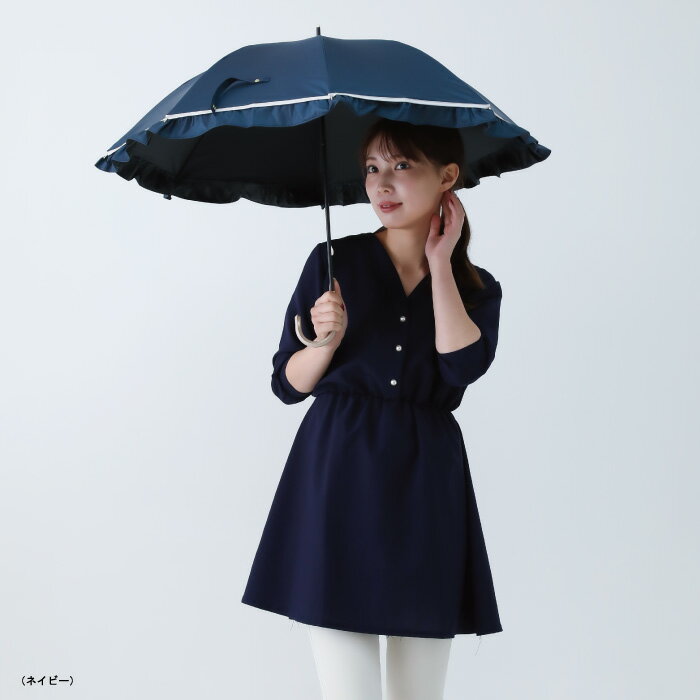 傘 長傘 日傘 かさ 晴雨兼用 全天候 レディース 婦人 女性用 47cm 手開き ショートタイプ UVカット 紫外線 UPF 一級遮光 焼かない 熱中症対策 裏側 ブラックコーティング フリル パイピング 母の日 かわいい シンプル 大人 フェミニン 女子 通勤 通学 送料無料