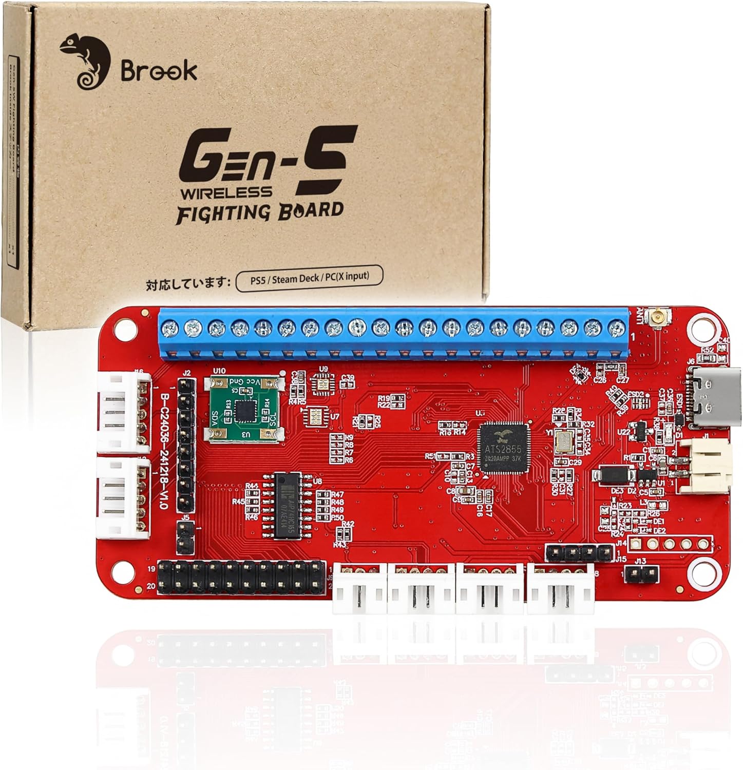 Brook社 次世代ワイヤレス互換 ファイティングボード Gen-5W 【次世代ワイヤレス互換】P5・PC・Steam Deck対応。有線／ワイヤレス両対応で柔軟かつ低遅延な操作を実現。 【プロ仕様のパフォーマンス】超低遅延・安定接続で、白熱する競技プレイにも対応。 【将来性のある設計】ファームウェアアップデートにより、新しいゲームや機能にも継続対応。 【RGBエフェクトで個性を演出】5種類のプリセットRGBライティングモードを搭載。自分好みにカスタマイズ可能。 【プラグ＆プレイ設計】シンプルな接続ですぐに使用開始。マルチプラットフォーム対応の高性能ボード。 【同梱内容】: Brook Gen-5W ファイティングボード ×1, Brook Inside ステッカー×1 ※入荷状況などにより、日本語版・国際版が混在する場合があります 世界初、PS5対応ワイヤレスファイティングボード 無線モード対応 安定した超低遅延 RGB-LED ライティング OLED ディスプレイ 複数の SOCD モードをサポート アナログスティック シミュレーション 対応ゲーム機：PS5 / PC / Steam Deck おすすめの設定：PS5でよりスムーズなゲーム体験をお楽しみいただくために、以下の設定をおすすめします まず、 [ 設定】＞【周辺機器】＞【コントローラー（全般）] に進み、 [ 通信方法 ] を [ USBケーブルを使う] に設定してください 方向衝突判定：方向衝突判定モード選択(ゲームの競技ルールに準拠したモードを選択できます) 4種類のSOCD モードをサポート モード：Wireless / Wired タッチパッドの押し機能をシミュレートする：〇 LS、RS、DP 方向制御機能切替：〇（LS / DPAD / RS） ターボ：〇（05, 10, 15, 20, 25 Hit/Sec） OLED 対応：〇（コントローラー インターフェース / スティック マッピング / SOCD / eスポーツ） RGB 対応：〇（呼吸ライト / 押すと点灯 / 押すと消灯 / マーキー 左から右 / マーキー 右から左） 機能アップデート：〇 重さ：33 g サイズ：96.01 x 45.01 mm 製品の取り付け方法： 1.ピンヘッダーははんだ付けされており、ファイティングケーブルと直接使用できます。 2.接続の安定性を飛躍的に高め、よりスムーズなゲームプレイを実現するために、アンテナの取り付けを強く推奨します。 3.ワイヤレス機能をお使いいただくには、バッテリーの取り付けが必須です。リチウム電池、または 18650 充電式バッテリーホルダー の使用を推奨します。 * 乾電池の使用は推奨いたしません。 ユーザーマニュアルのリンクはこちら ファームウェアのリンクはこちら よくある質問のリンクはこちら 技術サポートのリンクはこちら ※メーカー 商品ページに掲載されているリンクを利用しています メーカーサイトの状況により、リンク先へのアクセスが制限されている場合があります