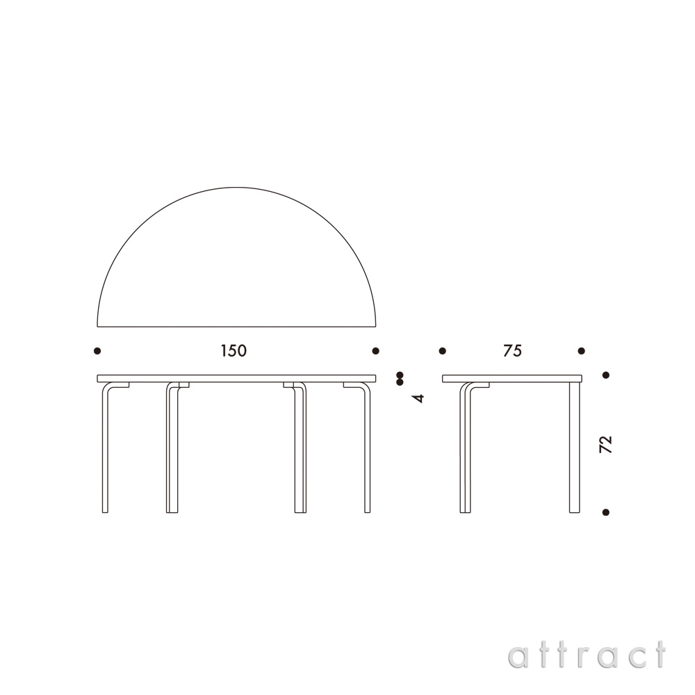 アルテック Artek TABLE 96 テーブル 96 サイズ:W150cm 厚み 4cm 3本脚 バーチ材 デザイン:Alvar Aalto 天板 ホワイトラミネート 脚部 クリアラッカー仕上げ 半円形テーブル 丸形 ダイニング フィンランド 北欧 [3]