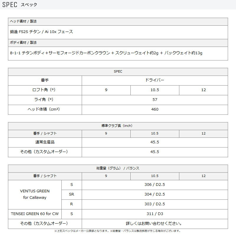 【ゴルフ感謝祭エントリーで+P3倍】【即納】【正規品】【クリアランス】【クーポン対象】 右打用 キャロウェイ エリート スタンダード ドライバー 2025年モデル 純正 ベンタス グリーン シャフト Callaway ELYTE STANDARD DR 9度 10.5度 12度 右打用 VENTUS GREEN CW