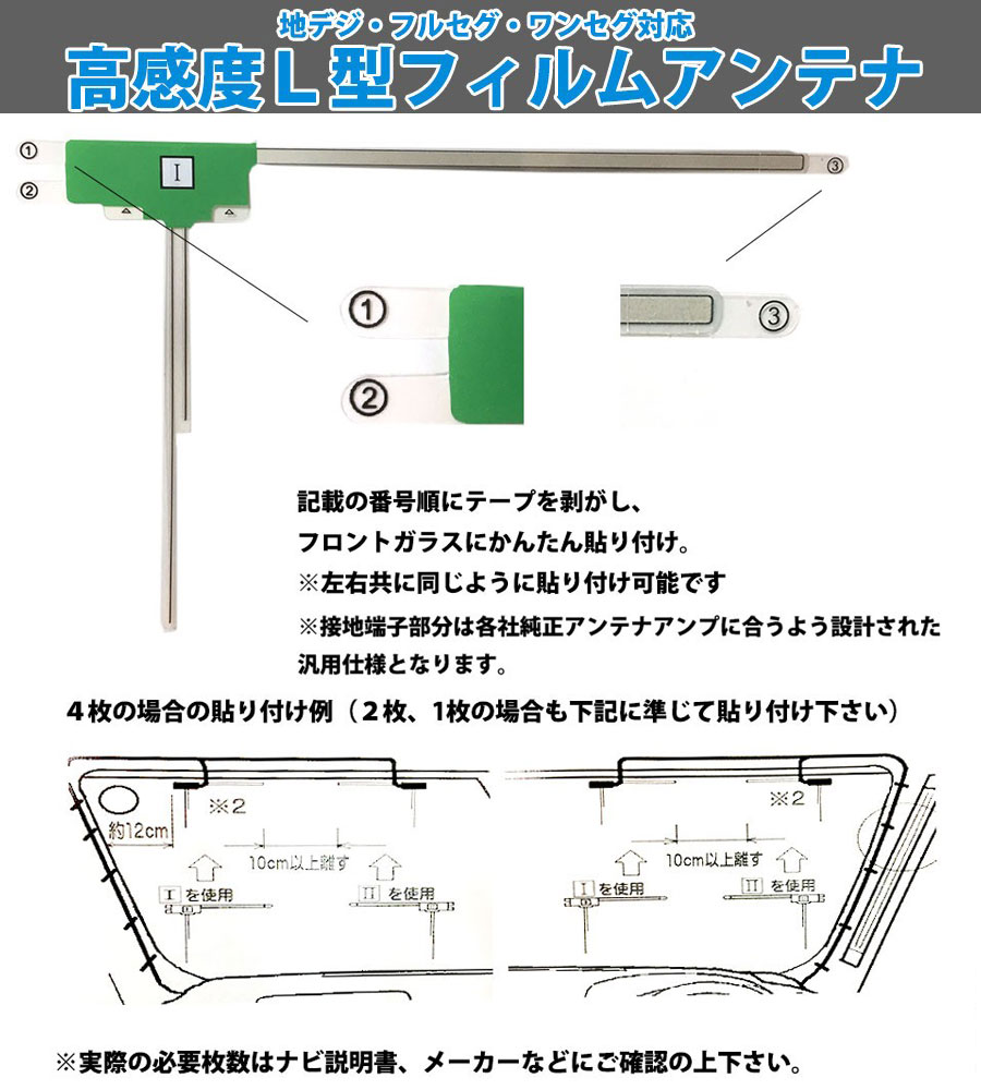 高感度 L型 フィルムアンテナ カロッツェリア　地デジチューナー GEX-8DTV 用 左右各1枚 計2枚 交換 ワンセグ 地デジ 汎用