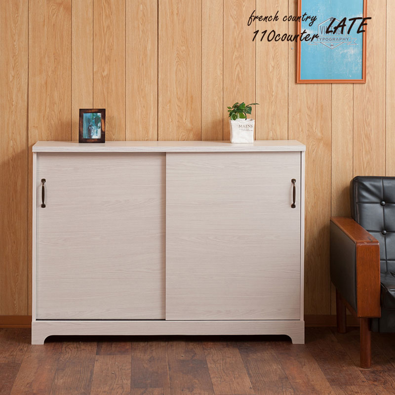 カウンター下収納 引戸 キャビネット 幅110 ホワイト木目色 リビング 北欧 収納棚 ラック サイドボード..