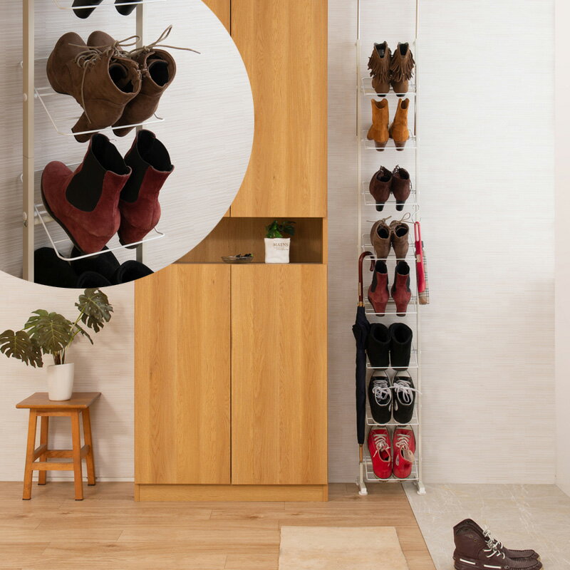 シューズラック 突っ張り ブーツ用 壁面 薄型 幅29cm ホワイト 靴収納 玄関 下駄箱 日本製【P5】