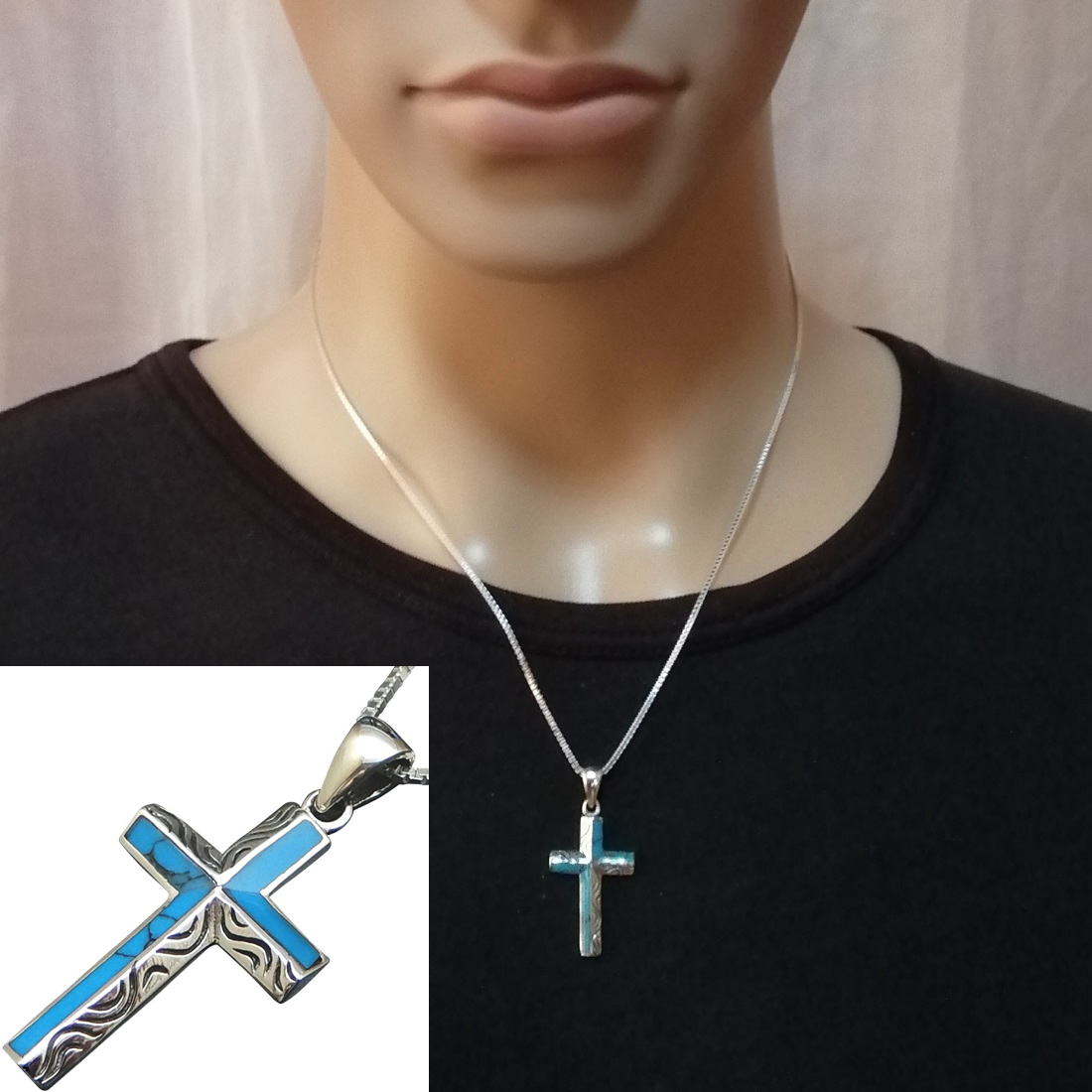 小さい 十字架ネックレス メンズ ターコイズ ネックレス クロスネックレス シルバー925 メンズネックレス シルバーネックレス レディース アラベスク シルバ...