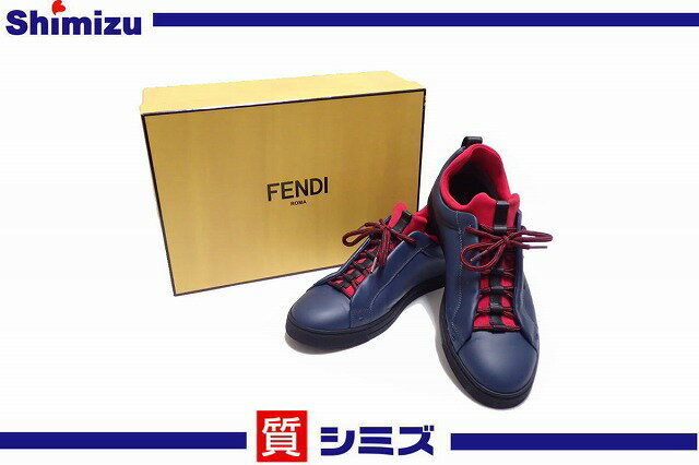 【FENDI】極美品 フェンディ モンスター スニーカー バグズアイ レザー 靴 サイズ：8 ネイビー/レッド 箱付【中古】