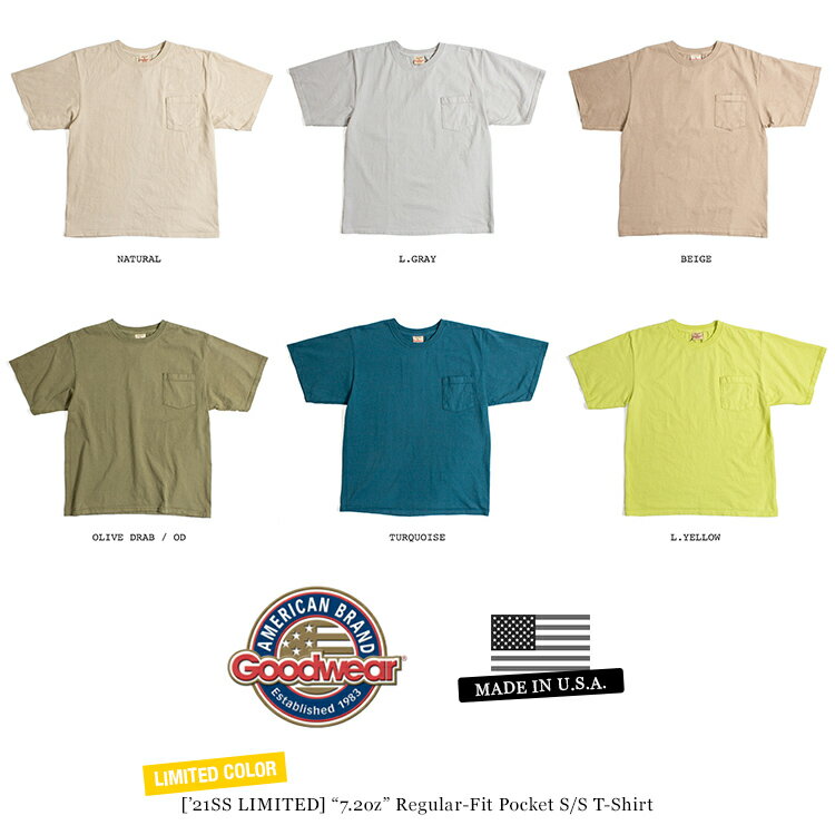 2021限定カラー！アメリカ製のヘビーウェイト、定番Tシャツ。GOODWEAR グッドウェア 7.2oz クルーネック ポケットTシャツ made in usa【正規代理店商品】