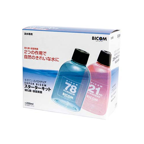 SUPER BICOM スターターキットは、SUPER BICOM78とSUPER BICOM21PDが入ったお得なセットです。魚を飼育する際には、糞や餌の残りから魚にとって有害となるアンモニアや亜硝酸が発生し、SUPER BICOM78はそれらを比較的毒性の低い硝酸塩に分解します。硝酸塩は、コケの栄養源となり、また、高濃度では魚にストレスを与えます。SUPER　BICOM21PDは、好気下（酸素がある状態）では、魚が排出する糞や枯れ草などの有機物を分解し、嫌気下（酸素がない状態）では、有機物を分解しながら硝酸塩を分解します。 【ご使用方法】・水槽を新しくセットする場合水槽を新しくセットした際は、ウールマットを入れる前に、SUPER BICOM78とSUPER BICOM21PDを規定量通りに入れて頂き、24時間置いて下さい。（※魚は入れて頂いても結構です）その後、ウールマットを入れて下さい。 また、硝化菌専用基質は硝化菌をご使用になる際に、併用して下さい。 ・水換えをする場合水換えをした際には、規定量の半分を入れて下さい。 AQ-3 【関連商品】 ・バイコム　スーパーバイコム78　淡水用　110ml ・バイコム　スーパーバイコム78　淡水用　1000ml ・バイコム　スーパーバイコム78　海水用　110ml ・バイコム　スーパーバイコム78　海水用　1000ml ・バイコム　スーパーバイコム21PD　淡水用　250ml ・バイコム　スーパーバイコム21PD　淡水用　110ml ・バイコム　スーパーバイコム21PD　海水用　250ml ・バイコム　スーパーバイコム21PD　海水用　110ml ・ジェックス　サイクル　500ml ・ジェックス　サイクル　250ml ・ジェックス　サイクル　120ml