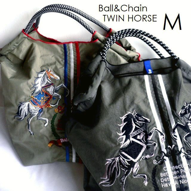 正規品 BALL＆CHAIN ボールアンドチェーン バッグ エコバッグ ショッピングバッグ 2way トート ショルダー Mサイズ TWIN HORSE 紋章 エンブレム ホース 馬 ウマ グレーのサムネイル