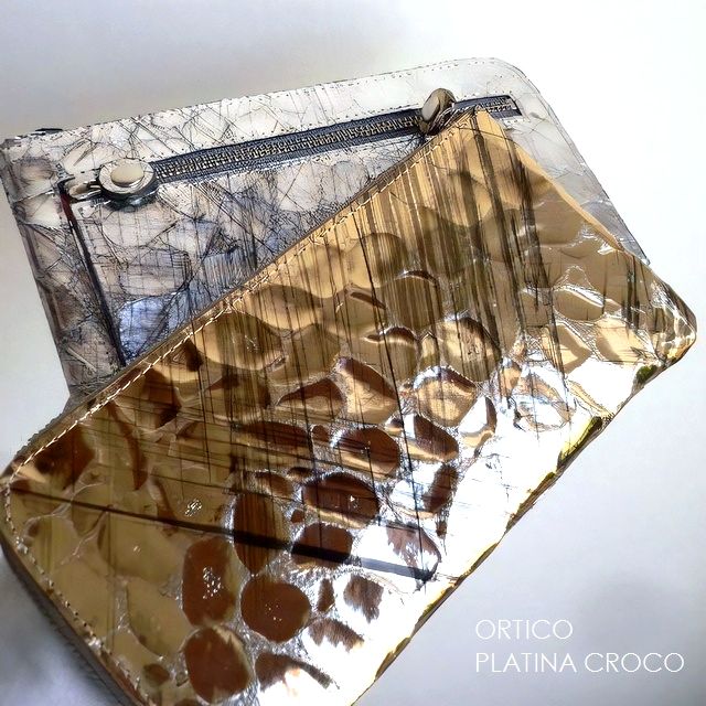 ノベルティ ORTICO オルティコ 長財布 薄い財布 クロコ 箔型押し レザー L字ファスナー OR-0028PC PLATINA CROCO ゴールド/シルバー
