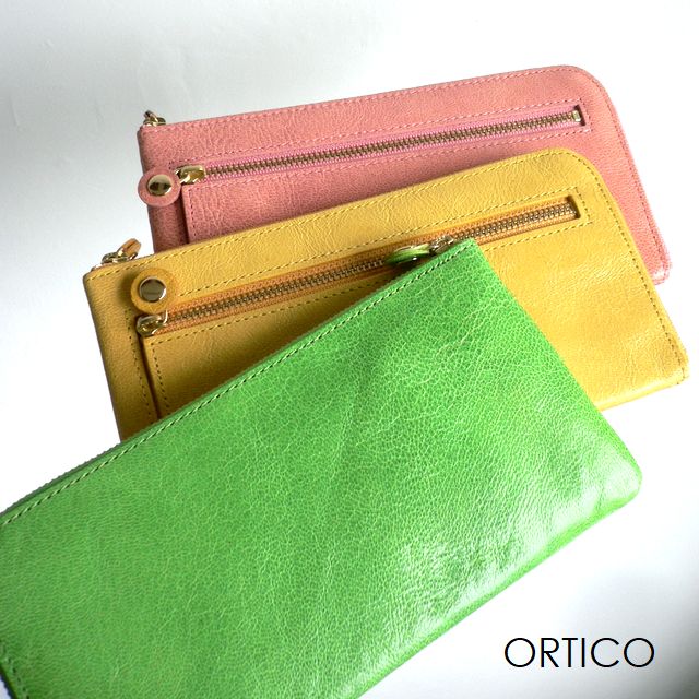 ノベルティ＆レザークリームプレゼント ORTICO オルティコ 長財布 薄い財布 コーティングレザー ゴート ヤギ革 L字ファスナー OR-0028CD CANDY イエロー/オレンジ/グリーン/ピンク/ブルー/ブラウン/ネイビー/ブラック