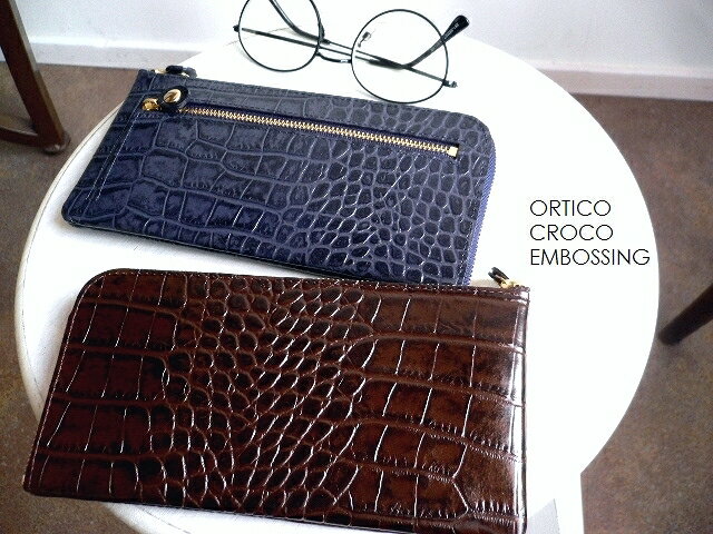 ノベルティ ORTICO オルティコ 長財布 薄い財布 クロコ型押し レザー L字ファスナー OR-0028ICD CROCO ワインレッド/オリーブ/ネイビー...