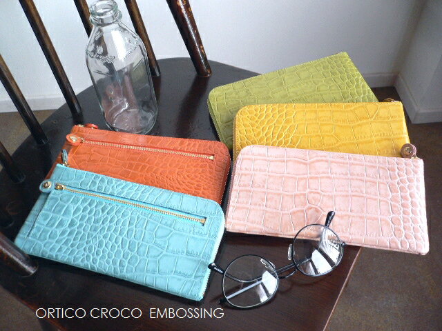 ノベルティ ORTICO オルティコ 長財布 薄い財布 クロコ型押し レザー L字ファスナー OR-0028ICP CROCOイエロー/ライムグリーン/オレンジ...