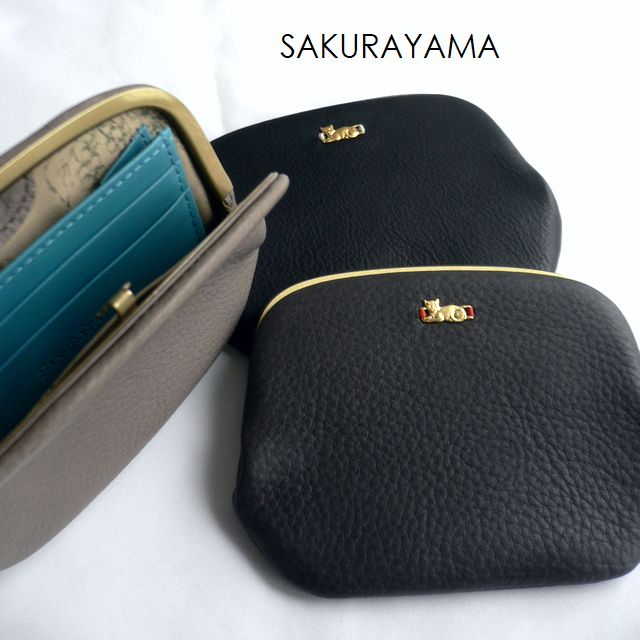 Rakuten - SAKURAYAMA サクラヤマ レザー 折り財布 ちびねこ 天溝がまぐち財布 (M) W251M 猫/ねこ/ネコ グレー ブラック