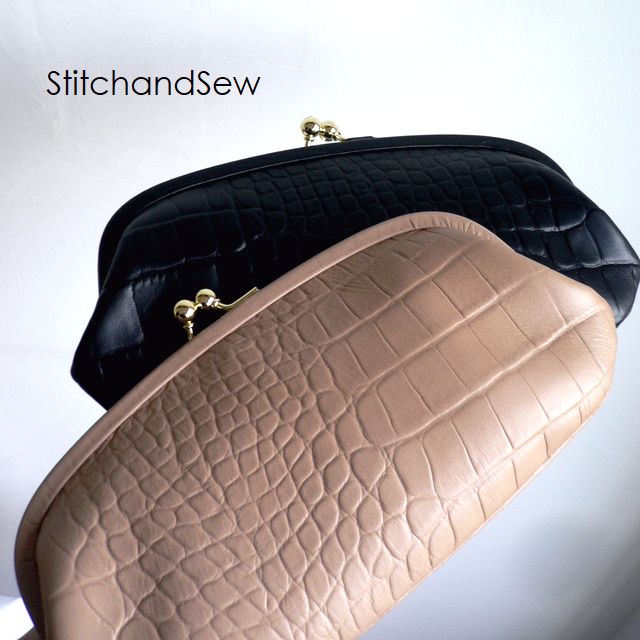 ノベルティ＆レザークリームプレゼント StitchandSew ステッチアンドソー 財布 クロコ型押し レザー がま口 長財布 CLW102 グレー/ベージュ/ブラック