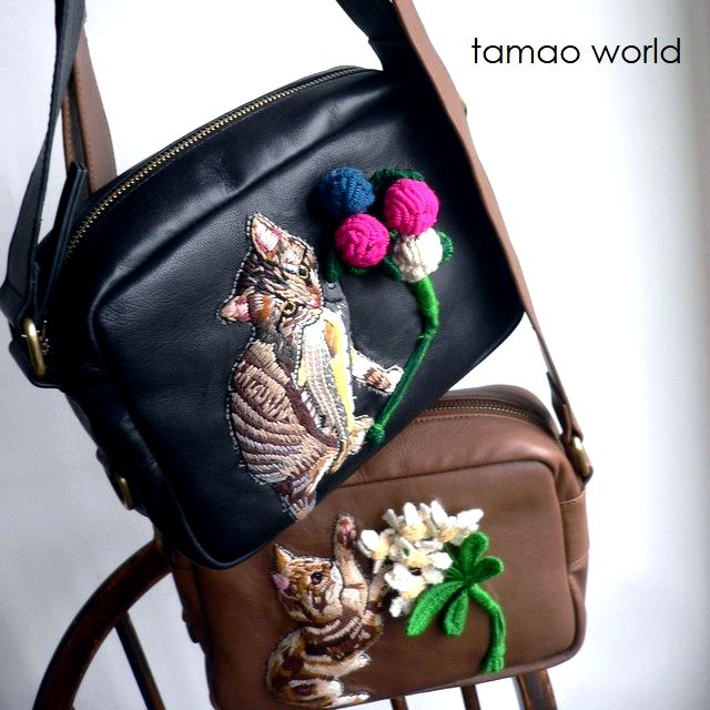 レザークリームプレゼント tamao world タマオワールド バッグ 猫 ネコ ねこ ショルダーバッグ 3113 3112 3114 キャメル ブラウン ブラック