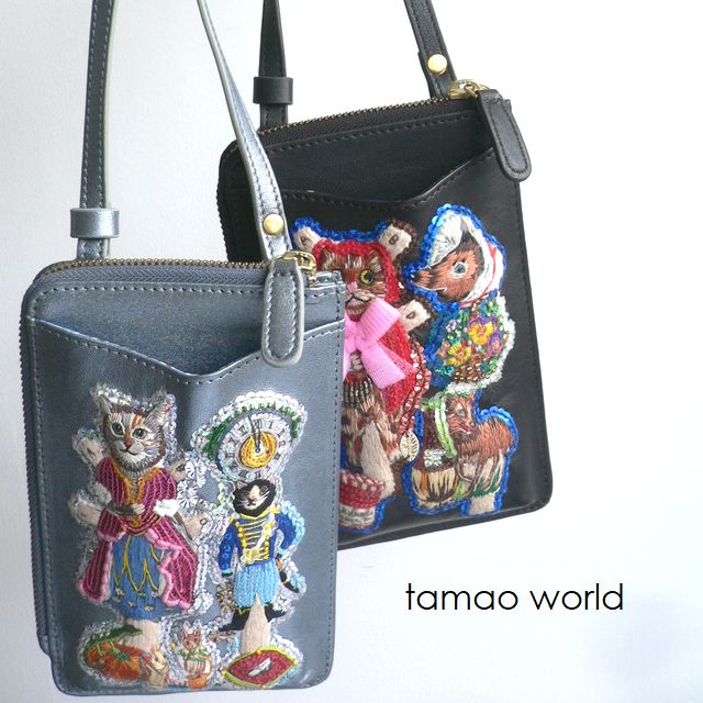 レザークリームプレゼント tamao world タマオワールド スマホ ショルダーバッグ 財布 ペーパードール 赤ずきん シンデレラ 3313 3314 猫 ネコ ねこ ブラウン/シルバー