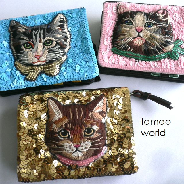 レザークリームプレゼント tamao world タマオワールド 折り財布 スパンコール ミニ財布 3335 3336 3372 猫 ネコ ねこ ミニ財布 ピンク/ブルー/ゴールド