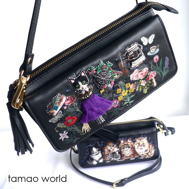 レザークリームプレゼント tamao world タマオワールド ショルダーバッグ 財布 お財布ポシェット SHO3481 SHO3657 猫 ネコ キノコ ブラック