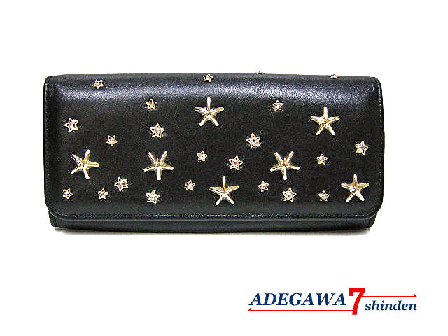 ジミー チュウ（JIMMY CHOO）★232 NINO CZN・スタースタッズ・クリスタル・カーフレザー・ファスナー付・二つ折 長財布・ブラック/ライトゴールド★新品同様品■アデ川質店 新田店■
