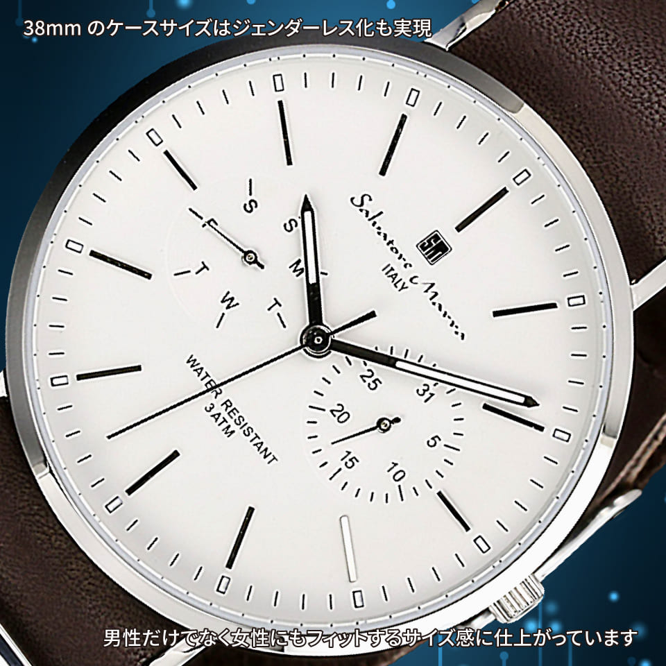 Salvatore Marra 腕時計 男女兼用 SM15117 SSWHSV クオーツ カレンダー機能 3気圧防水 革ベルト ケース経 38mm