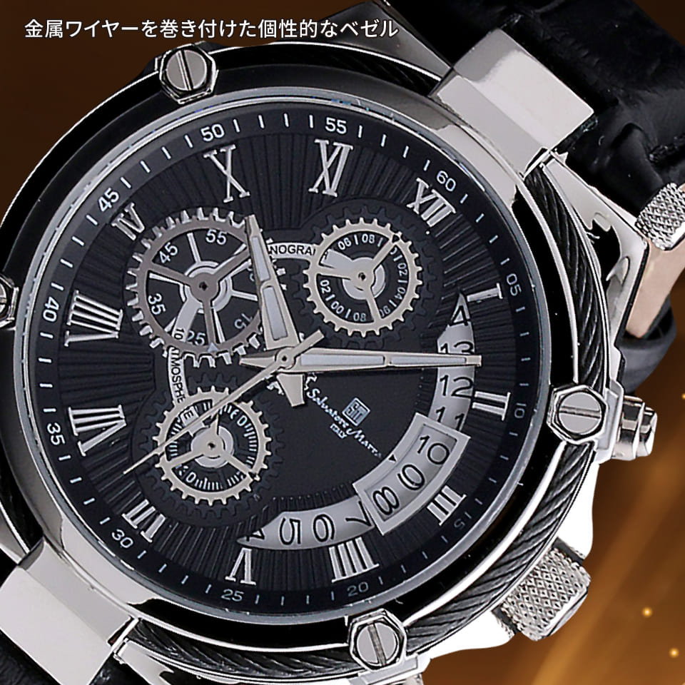Salvatore Marra 腕時計 メンズ SM18102 SSBK クオーツ クロノグラフ 10気圧防水 革ベルト ケース経 43mm