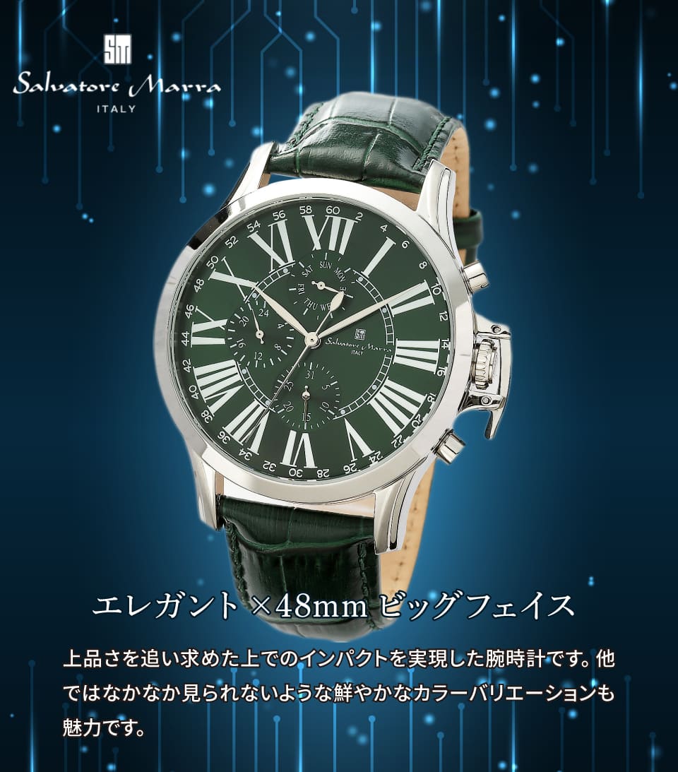 Salvatore Marra 腕時計 メンズ SM23101 SSGR クオーツ カレンダー機能 10気圧防水 革ベルト ケース経 48mm