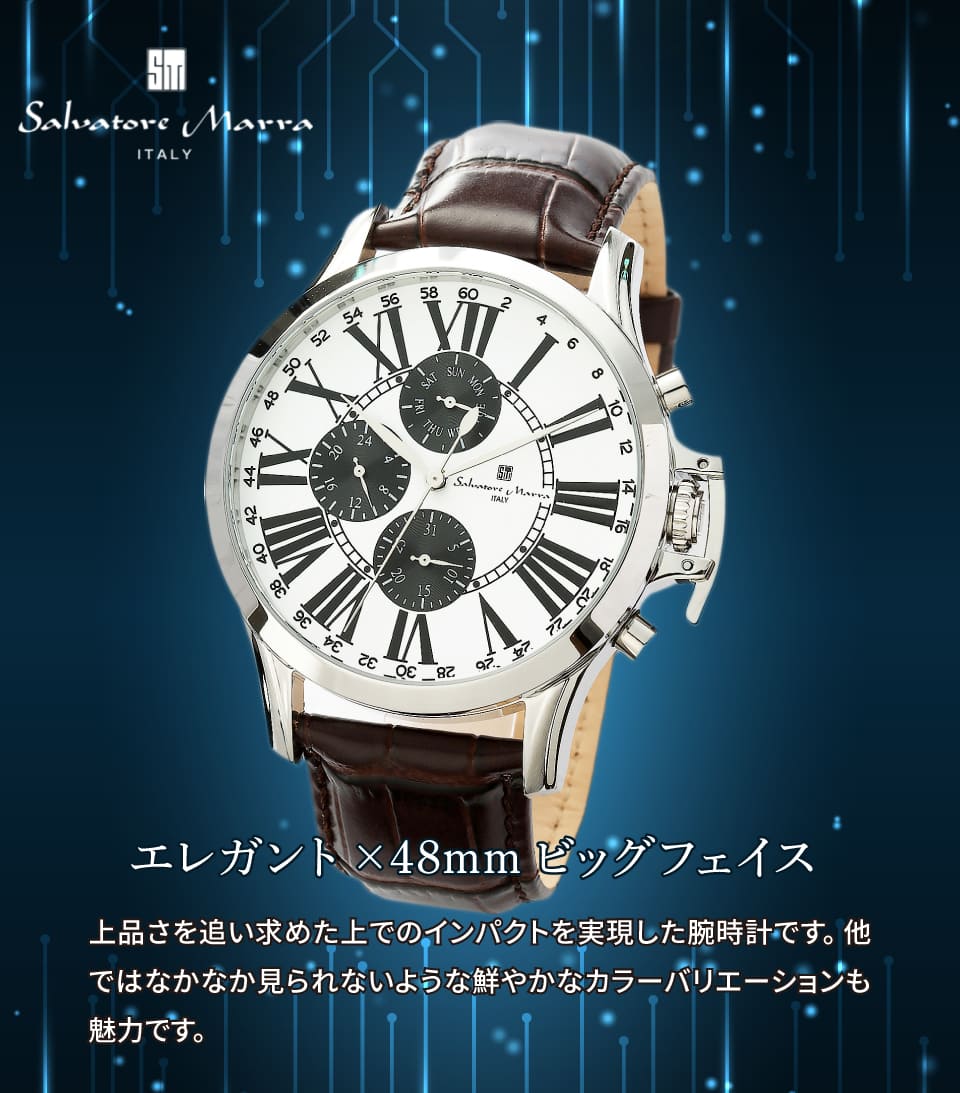 Salvatore Marra 腕時計 メンズ SM23101 SSWH クオーツ カレンダー機能 10気圧防水 革ベルト ケース経 48mm