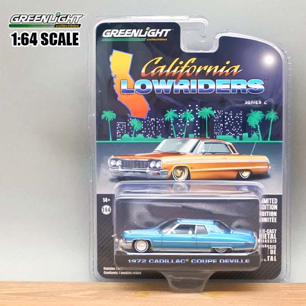 1/64 ミニカー 1972 CADILLAC COUPE DEVILLE ブルー キャデラック クーペ デビル アメ車 ワイヤーホイール 青 カリフォルニア ローライダー グリーンライト GREENLIGHT Califorunia Lowrider 1972年