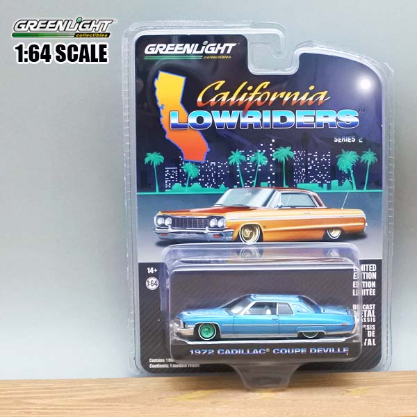 チェースカー 1/64 ミニカー 1972 CADILLAC COUPE DEVILLE ブルー キャデラック クーペ デビル アメ車 ワイヤーホイール 青 カリフォルニア ローライダー グリーンライト GREENLIGHT Califorunia Lowrider 1972年