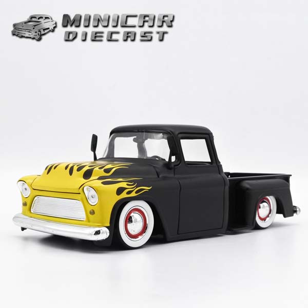 1/24 箱入り ミニカー 1955 CHEVROLET STEPSIDE PICK UP フレームス マットブラック シボレー ステップサイド ピックアップ トラック 黒 ファイヤーパターン 炎 Fire アメ車 ジャダトイズ JadaToys 1955年