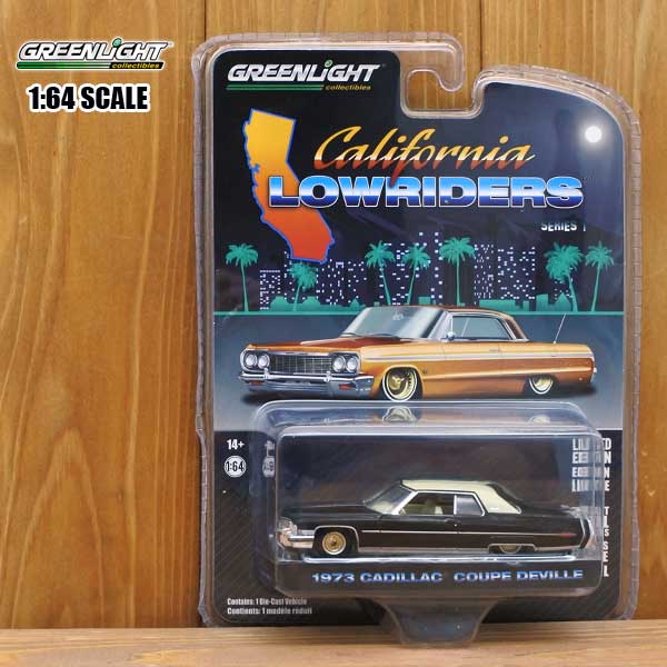 1/64 ミニカー 1973 CADILLAC COUPE DEVILLE ブラック トップホワイト 1973年 キャデラック クーペ デビル 黒 白 アメ車 ワイヤーホイール Califorunia Lowrider カリフォルニア ローライダー GREENLIGHT グリーンライト