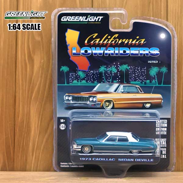 1/64 ミニカー 1973 CADILLAC SEDAN DEVILLE メタリックグリーン/トップホワイト 1973年 キャデラック セダン デビル アメ車 Califorunia Lowrider カリフォルニア ローライダー GREENLIGHT グリーンライト