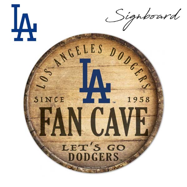 ドジャース サインプレート サインボード ウッド調 FAN CAVE 立てかけ 壁掛け 丸型 樽柄 看板 MLB dodgers LA LOS ANGELES ロゴ インテリア ガレージ ロサンゼルス メジャーリーグ ベースボール 野球 大谷翔平 ローライダー Lowrider ウエストコースト アメリカ 雑貨