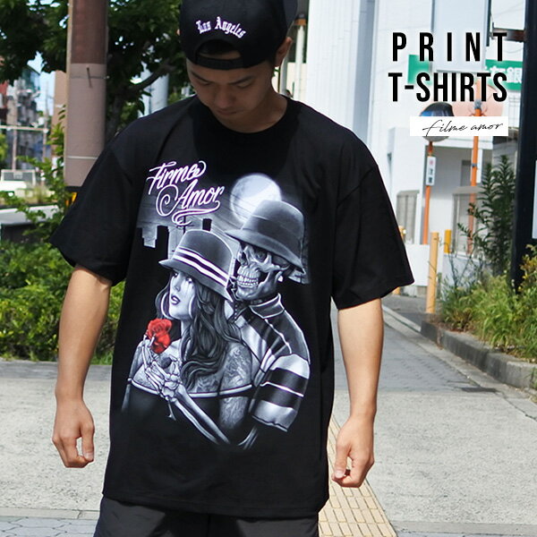 Tシャツ 半袖 メンズ Filme amor ブラック 服 トップス スカル ガイコツ バラ 薔薇 オーバーサイズ ビ..