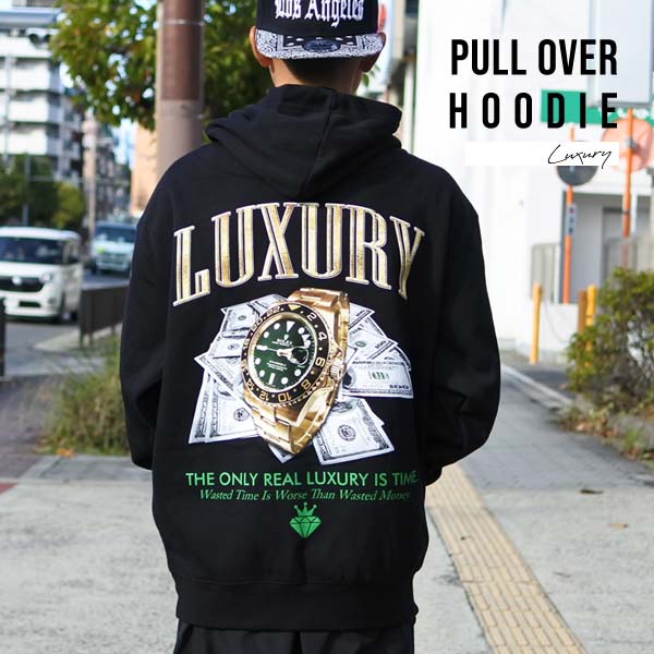 パーカー メンズ 長袖 フーディー HOODIE LUXURY ラグジュアリー 時計 ブラック ゴールド 大きめ ドル アメリカ紙幣 ＄ ダラー プルオーバー スウェット チカーノ チカーノファッション ローライダー Lowrider 黒 トップス おしゃれ オーバーサイズ ストリート アメリカ 雑貨