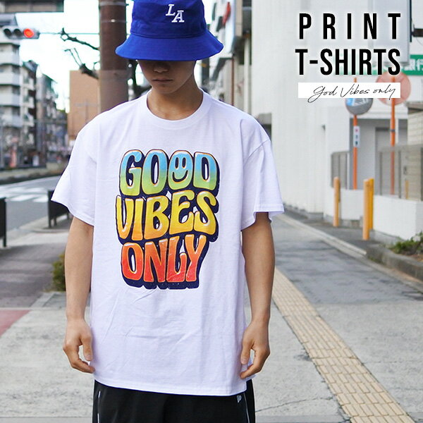Tシャツ 半袖 メンズ ホワイト GOOD VIBES ONLY おしゃれ かわいい 白 トップス カラフル グラデーション チカーノ オーバーサイズ ストリート America アメリカン West coast ウエストコースト Lowrider ローライダー アメリカ 雑貨