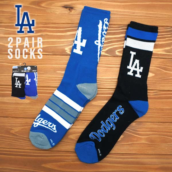 ドジャース 靴下 2足セット 28cm-30cm メンズ ソックス ブルー ブラック おしゃれ ストリート ハイソックス ロゴ MLB dodgers LA LOS ANGELES ロサンゼルス 大人用 男性用 メジャーリーグ ベースボール ローライダー Lowrider ウエストコースト west coast アメリカ 雑貨