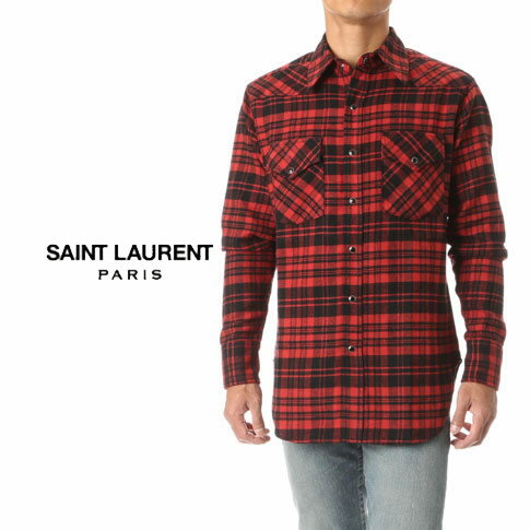 【楽天スーパーセール】【レアもの】HEDI SLIMANE エディ・スリマン ラストコレクションサンローラン SAINT LAURENT PARIS オーバーサイズ チェックシャツ(BLACK/RED)ブラック/レッド ネルシャツ HEDI SLIMANE エディ・スリマン 442379-y967m-6461