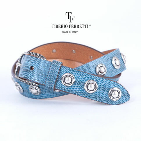 ティベリオフェレッティ TIBERIO FERRETTI ティベリオフェレッティ ベルト リザード型押しスタッズベルト BLUE 1163-blue