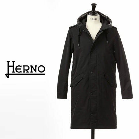 HERNO / ヘルノ ダウン メンズ ツイード切り替えデザイン フード付き ダウンコート ダウンジャケット エコダウン HERNO TECH pa0088u-9300 ブラック