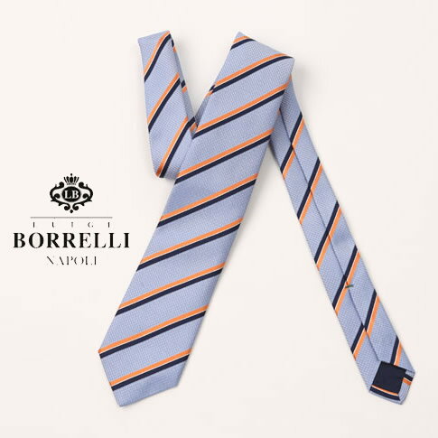 Luigi Borrelli ルイジ ボレッリ ネクタイ ジャガード ライトブルーベース オレンジxホワイトxネイビー ストライプ レジメンタルタイ シルク100％ ys-nr90-cr468122-2