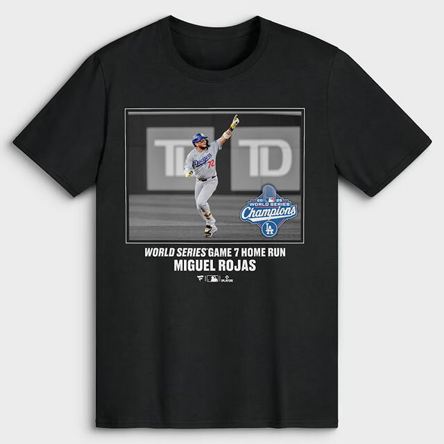 ミゲル ロハスモデル 海外取寄 Tシャツ 2025 WORLD SERIES CHAMPIONS MOMENT T-SHIRT ロサンゼルス ドジャース LOS ANGELES DODGERS BLACK MIGUEL ROJAS