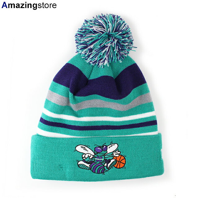 ニューエラ ニット ビーニー シャーロット ホーネッツ 【NBA STRIPEOUT POM KNIT BEANIE CAP/TEAL-PURPLE-WHITE-GREY】 NEW ERA CHARLOTTE HORNETS 帽子 デッドストック 22_1DEAD STOCK